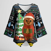 Micronesia Christmas Kimono Sleeve Blouse with Santa Owl Christmas Tree Gifts and Snowflake - Wonder Print Shop