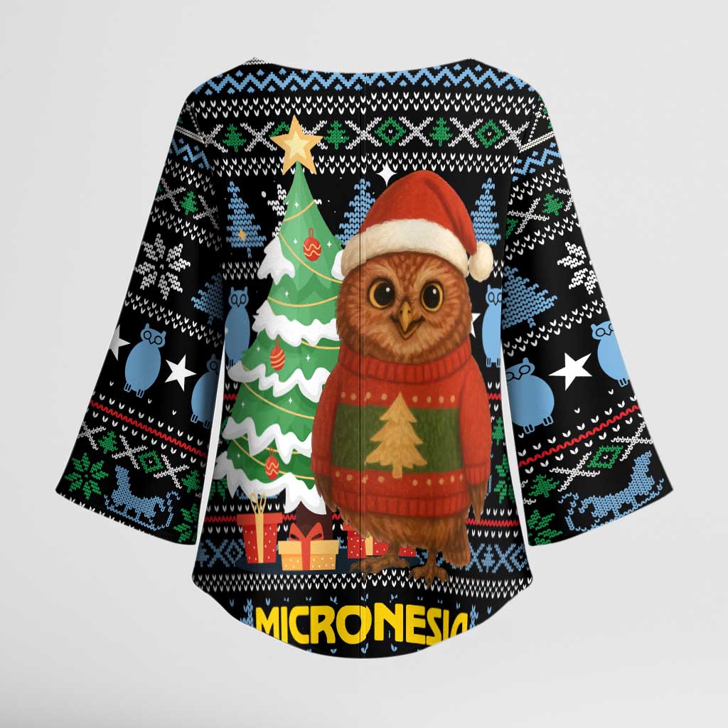 Micronesia Christmas Kimono Sleeve Blouse with Santa Owl Christmas Tree Gifts and Snowflake - Wonder Print Shop