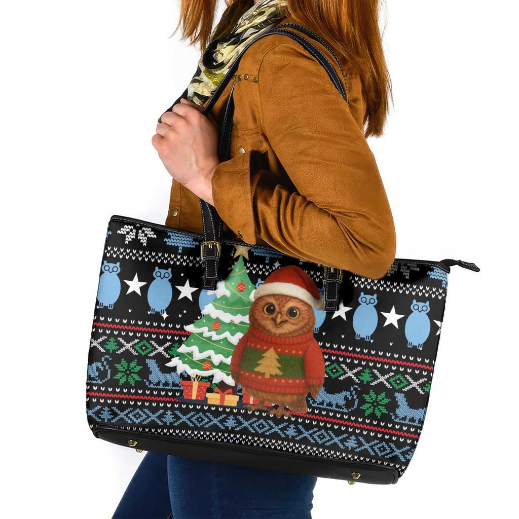 Micronesia Christmas Leather Tote Bag with Santa Owl Christmas Tree Gifts and Snowflake - Wonder Print Shop