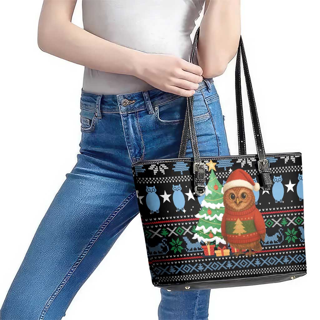 Micronesia Christmas Leather Tote Bag with Santa Owl Christmas Tree Gifts and Snowflake - Wonder Print Shop