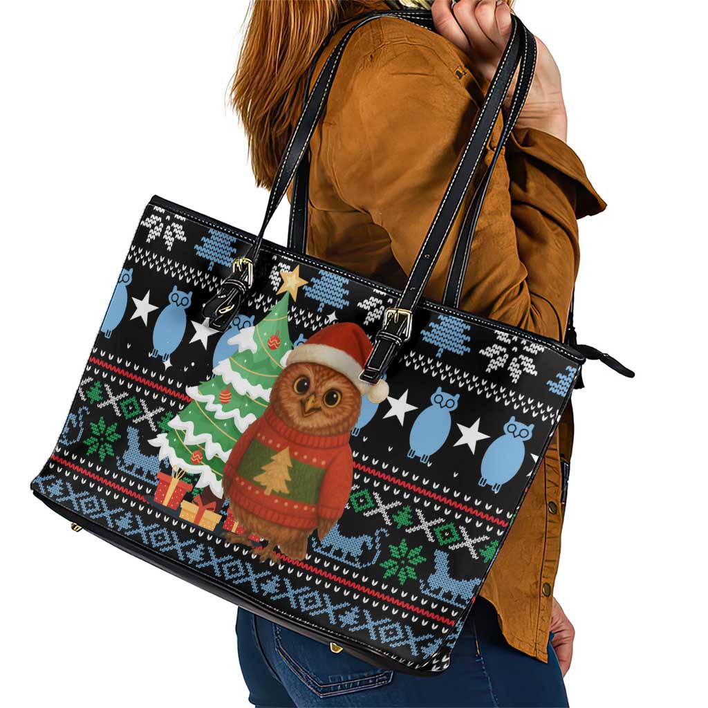 Micronesia Christmas Leather Tote Bag with Santa Owl Christmas Tree Gifts and Snowflake - Wonder Print Shop