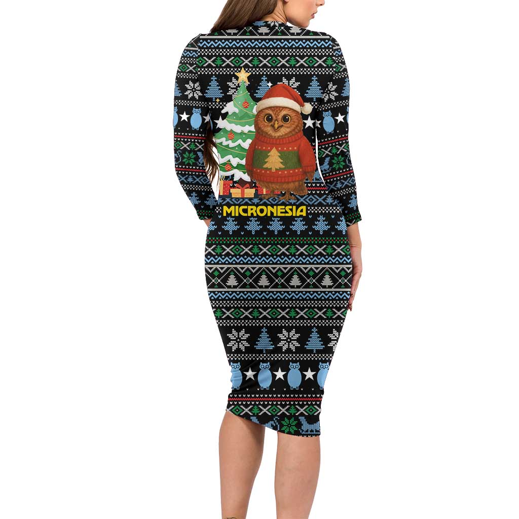 Micronesia Christmas Long Sleeve Bodycon Dress with Santa Owl Christmas Tree Gifts and Snowflake - Wonder Print Shop