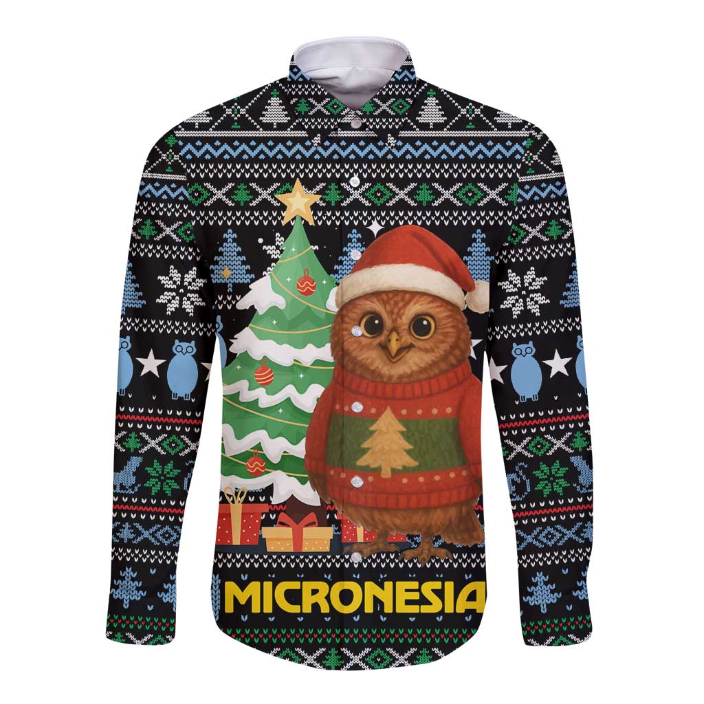 Micronesia Christmas Long Sleeve Button Shirt with Santa Owl Christmas Tree Gifts and Snowflake - Wonder Print Shop