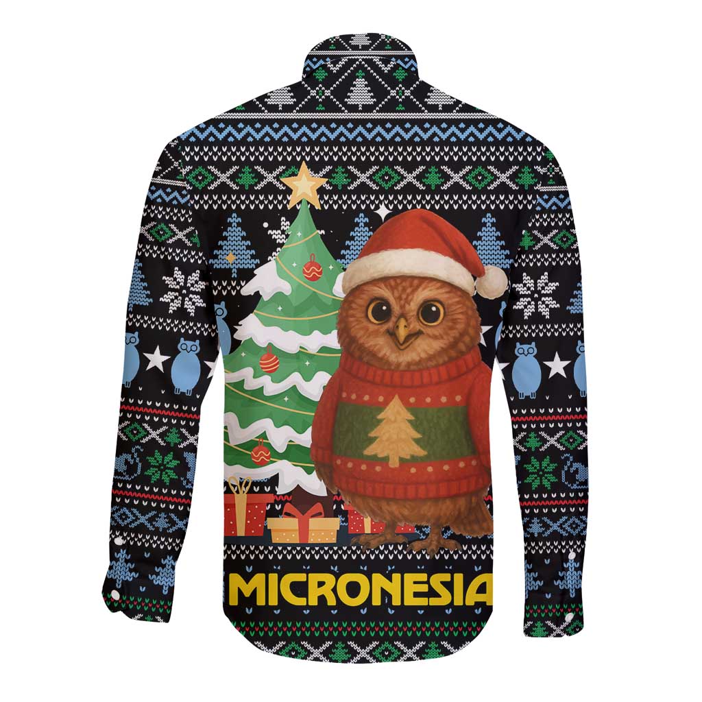 Micronesia Christmas Long Sleeve Button Shirt with Santa Owl Christmas Tree Gifts and Snowflake - Wonder Print Shop