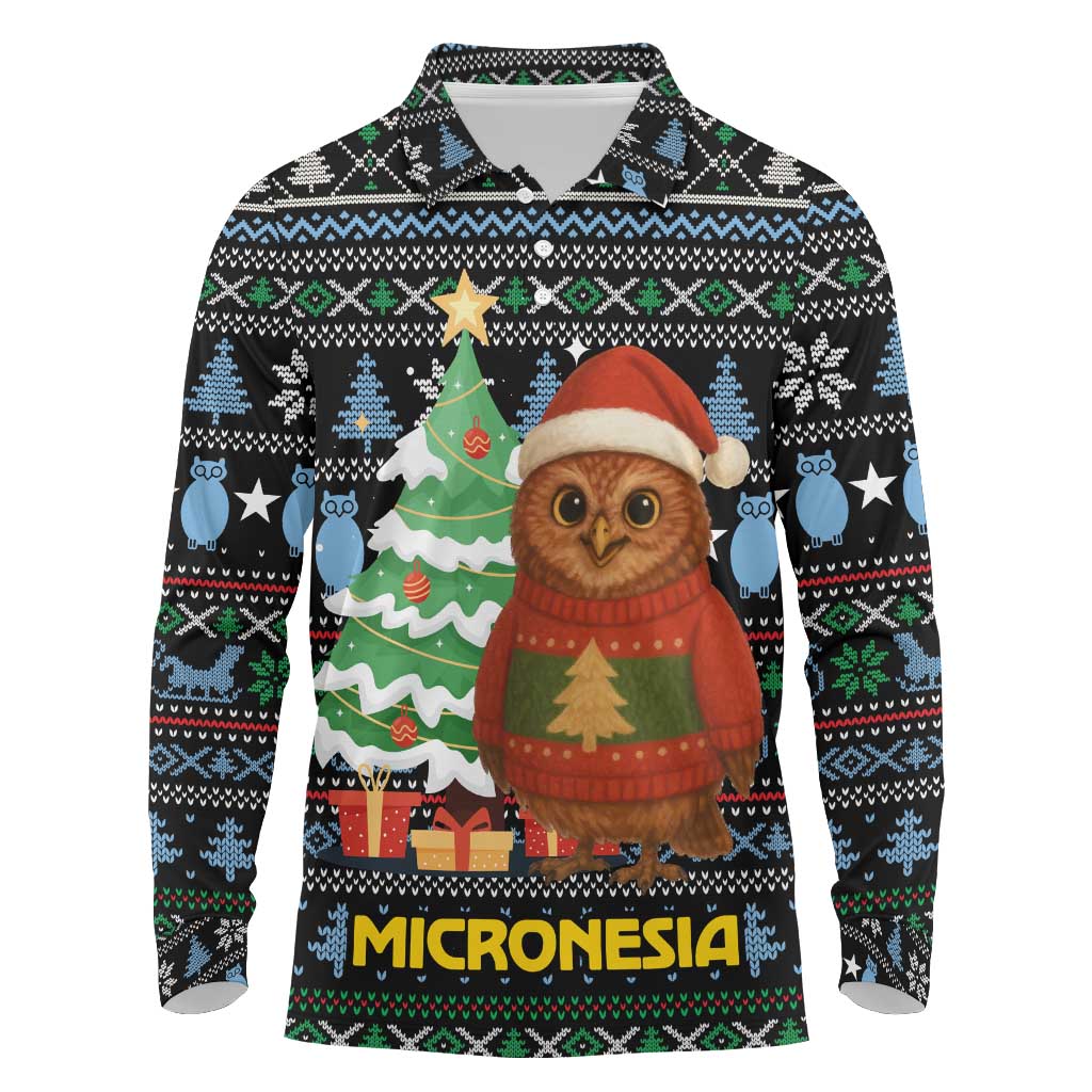 Micronesia Christmas Long Sleeve Polo Shirt with Santa Owl Christmas Tree Gifts and Snowflake - Wonder Print Shop