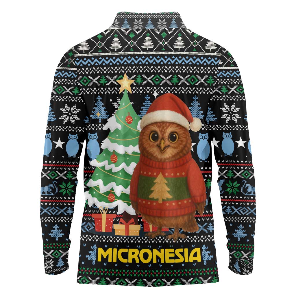 Micronesia Christmas Long Sleeve Polo Shirt with Santa Owl Christmas Tree Gifts and Snowflake - Wonder Print Shop