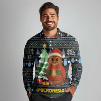 Micronesia Christmas Long Sleeve Polo Shirt with Santa Owl Christmas Tree Gifts and Snowflake - Wonder Print Shop
