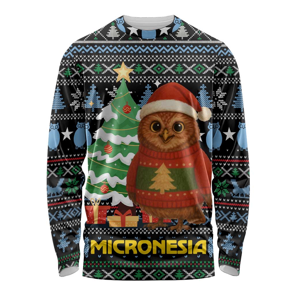 Micronesia Christmas Long Sleeve Shirt with Santa Owl Christmas Tree Gifts and Snowflake - Wonder Print Shop