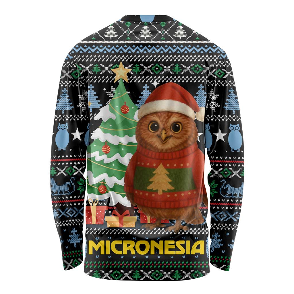 Micronesia Christmas Long Sleeve Shirt with Santa Owl Christmas Tree Gifts and Snowflake - Wonder Print Shop