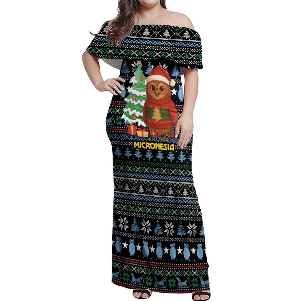 Micronesia Christmas Off Shoulder Maxi Dress with Santa Owl Christmas Tree Gifts and Snowflake - Wonder Print Shop