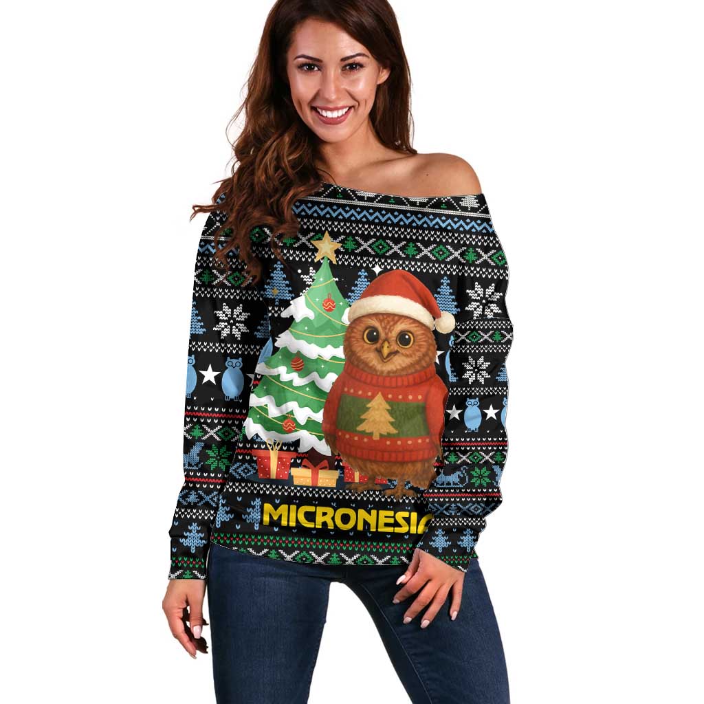 Micronesia Christmas Off Shoulder Sweater with Santa Owl Christmas Tree Gifts and Snowflake - Wonder Print Shop
