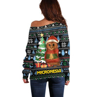 Micronesia Christmas Off Shoulder Sweater with Santa Owl Christmas Tree Gifts and Snowflake - Wonder Print Shop