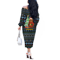Micronesia Christmas Off The Shoulder Long Sleeve Dress with Santa Owl Christmas Tree Gifts and Snowflake - Wonder Print Shop