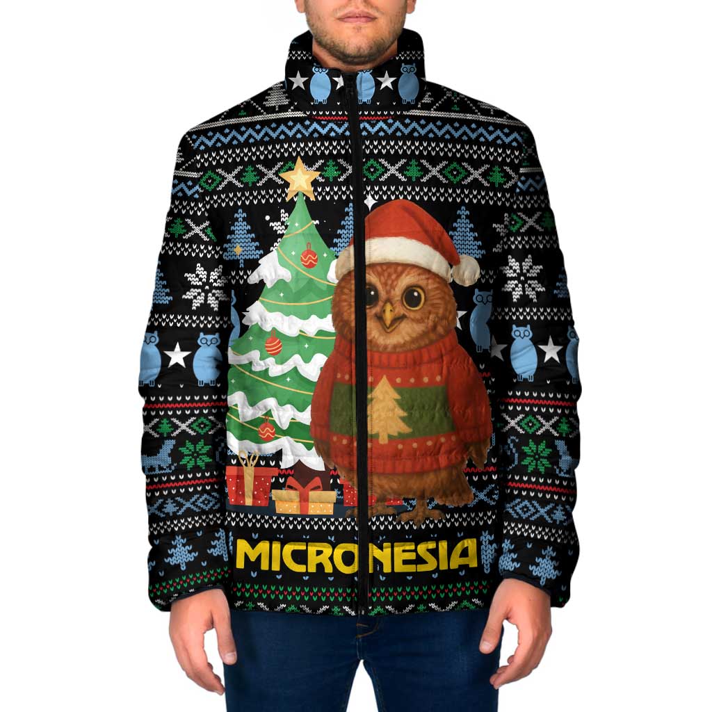 Micronesia Christmas Padded Jacket with Santa Owl Christmas Tree Gifts and Snowflake - Wonder Print Shop
