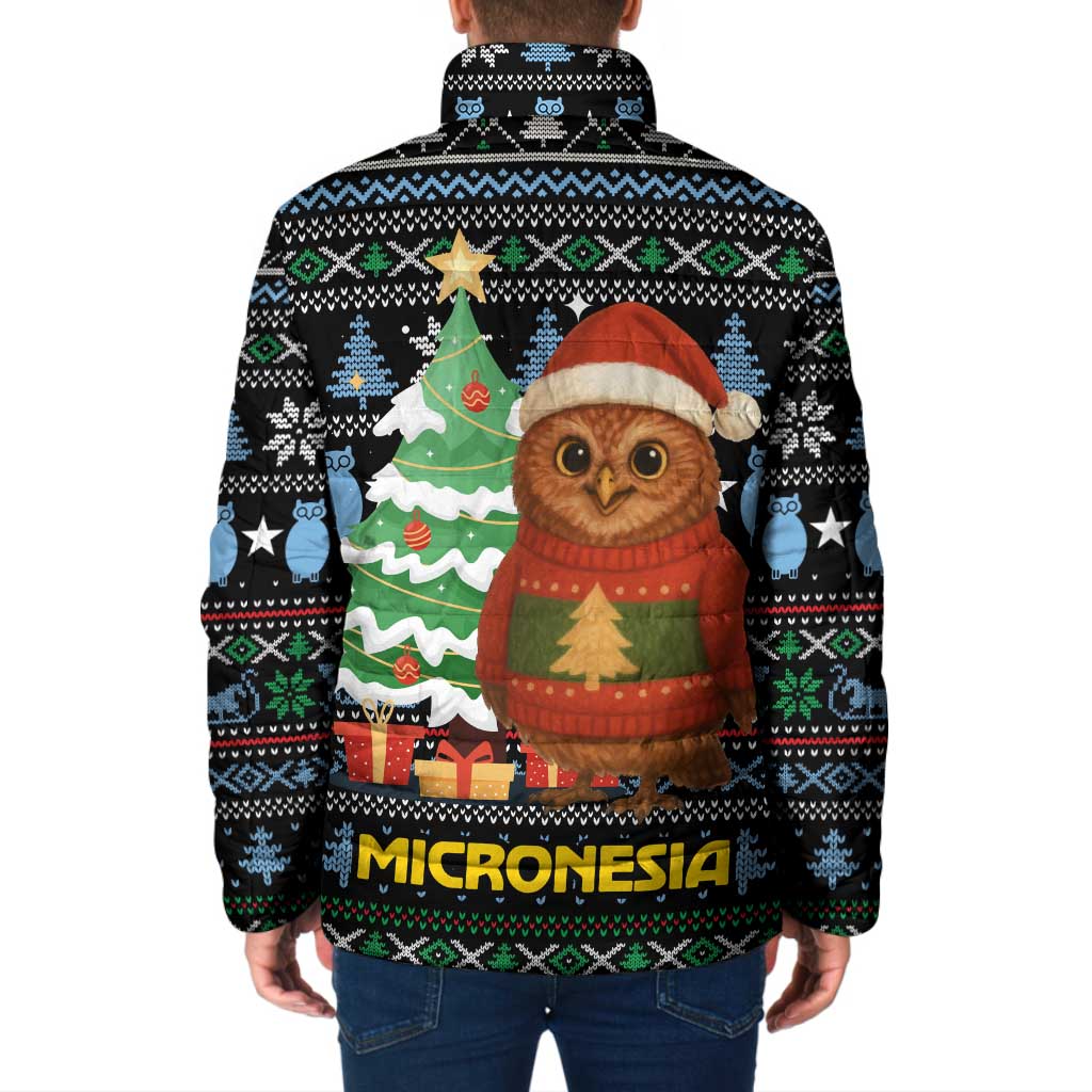 Micronesia Christmas Padded Jacket with Santa Owl Christmas Tree Gifts and Snowflake - Wonder Print Shop