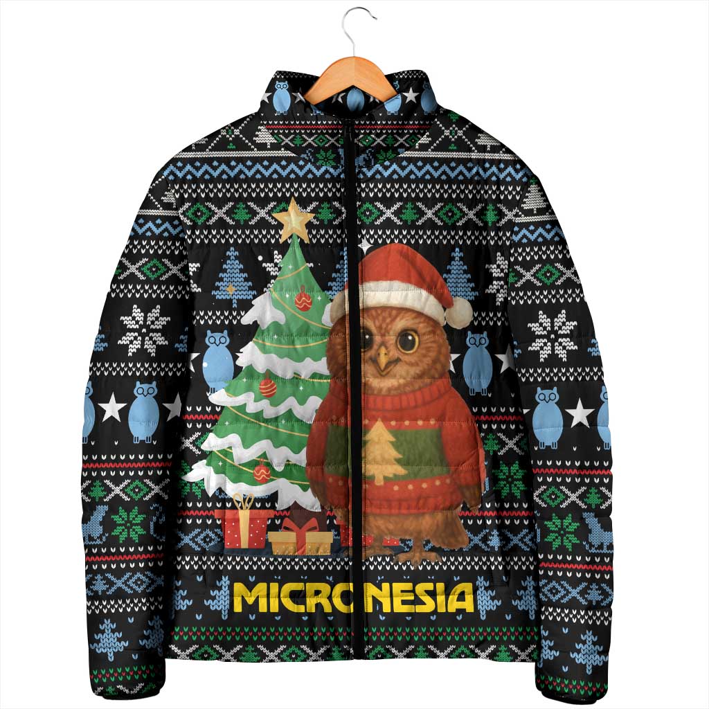 Micronesia Christmas Padded Jacket with Santa Owl Christmas Tree Gifts and Snowflake - Wonder Print Shop