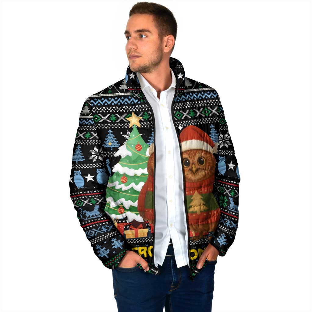 Micronesia Christmas Padded Jacket with Santa Owl Christmas Tree Gifts and Snowflake - Wonder Print Shop