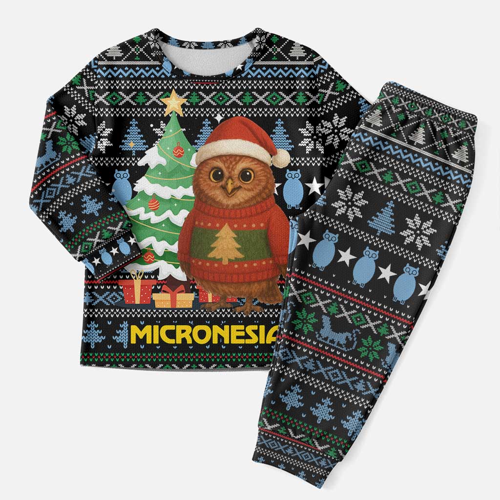 Micronesia Christmas Pajama Set with Santa Owl Christmas Tree Gifts and Snowflake - Wonder Print Shop