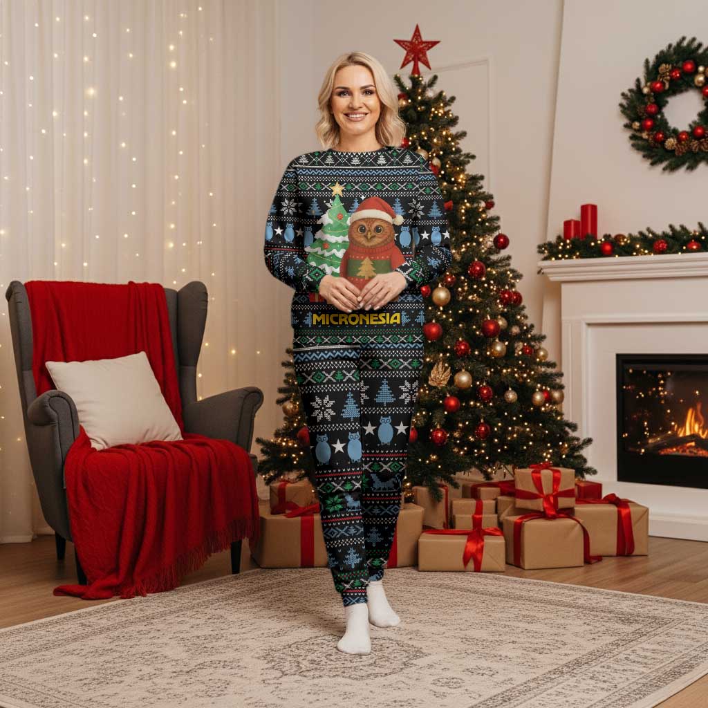 Micronesia Christmas Pajama Set with Santa Owl Christmas Tree Gifts and Snowflake - Wonder Print Shop