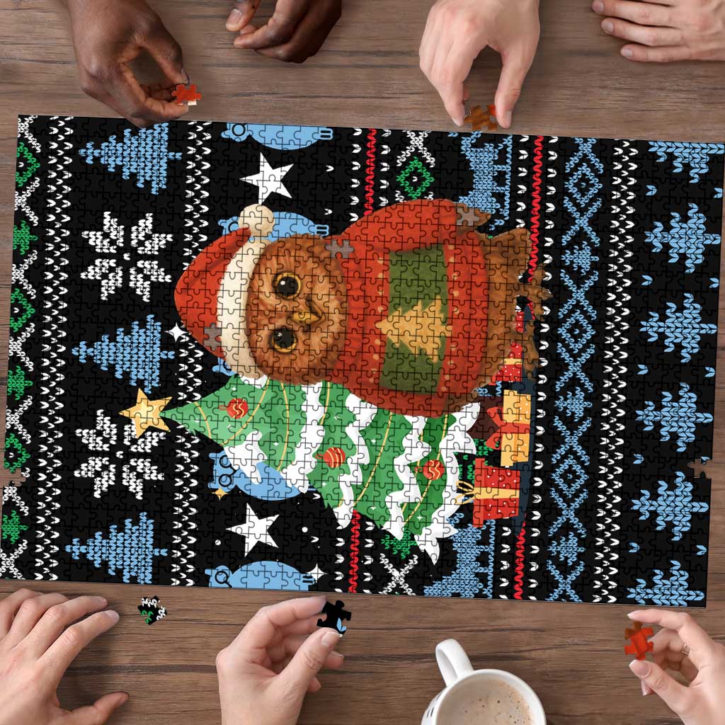 Micronesia Christmas Puzzle with Santa Owl Christmas Tree Gifts and Snowflake - Wonder Print Shop