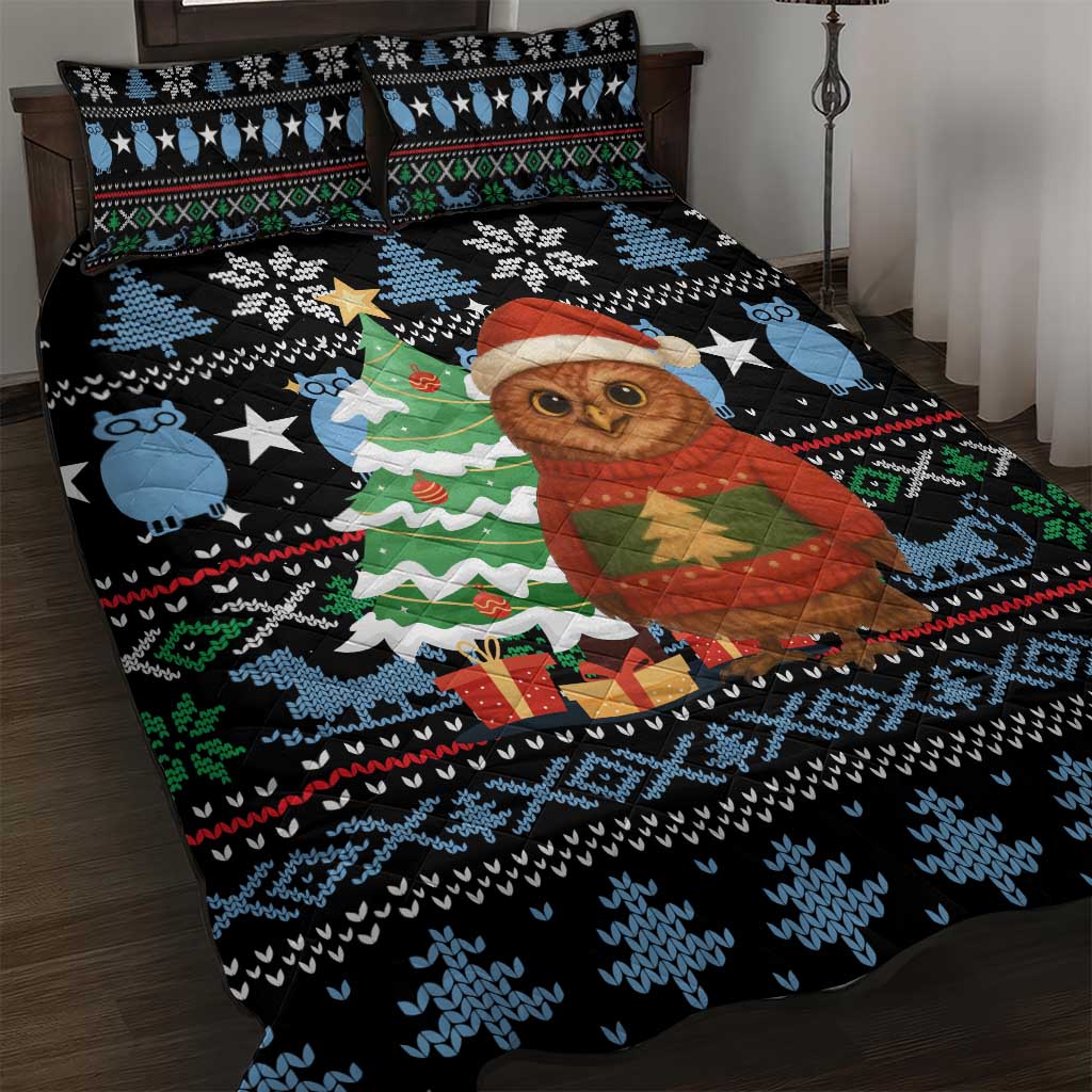 Micronesia Christmas Quilt Bed Set with Santa Owl Christmas Tree Gifts and Snowflake - Wonder Print Shop
