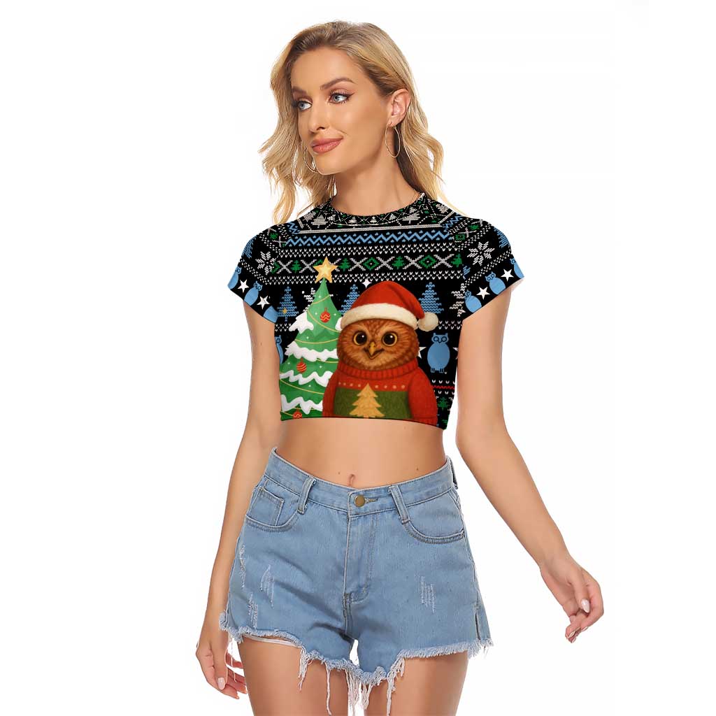 Micronesia Christmas Raglan Cropped T Shirt with Santa Owl Christmas Tree Gifts and Snowflake - Wonder Print Shop