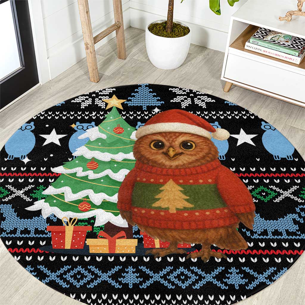 Micronesia Christmas Round Carpet with Santa Owl Christmas Tree Gifts and Snowflake - Wonder Print Shop