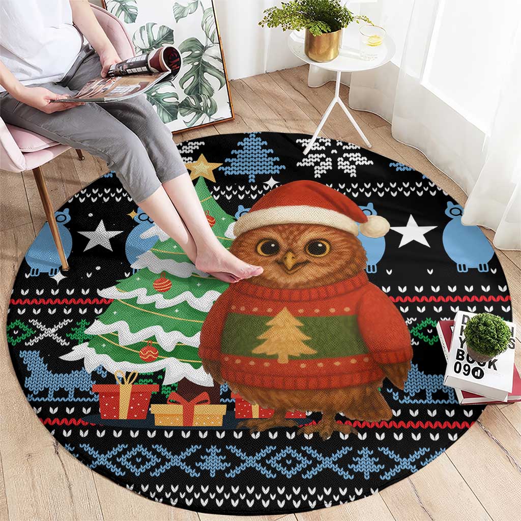 Micronesia Christmas Round Carpet with Santa Owl Christmas Tree Gifts and Snowflake - Wonder Print Shop