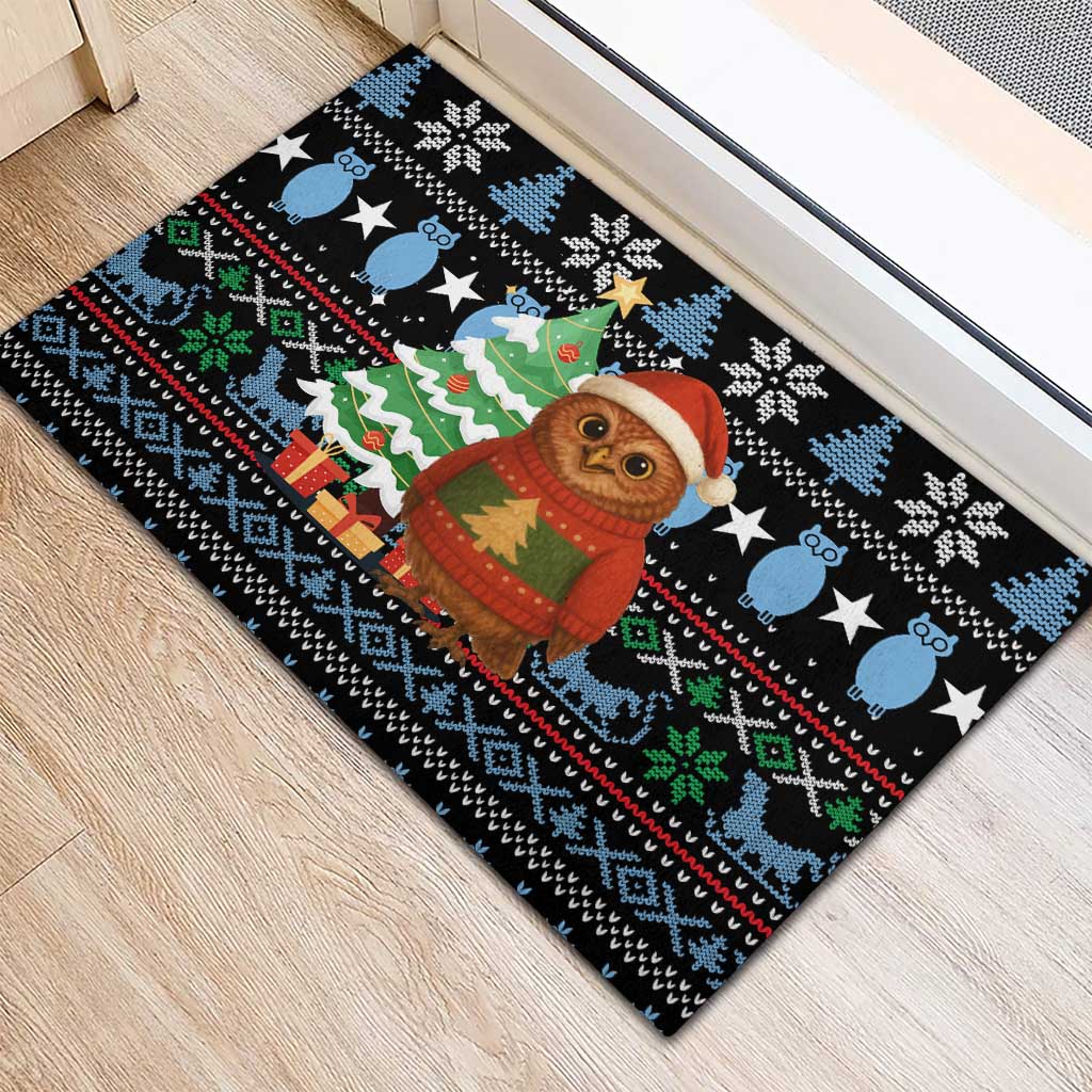 Micronesia Christmas Rubber Doormat with Santa Owl Christmas Tree Gifts and Snowflake - Wonder Print Shop
