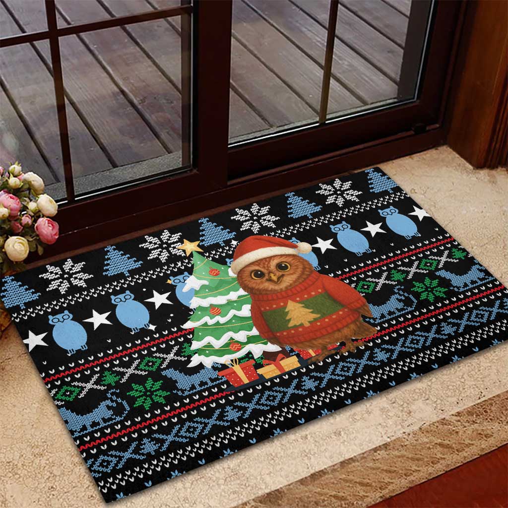 Micronesia Christmas Rubber Doormat with Santa Owl Christmas Tree Gifts and Snowflake - Wonder Print Shop
