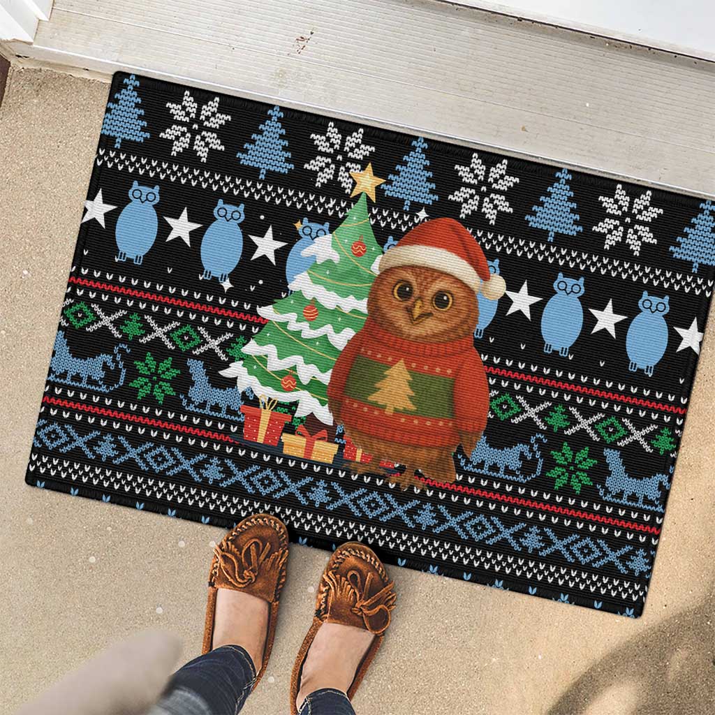 Micronesia Christmas Rubber Doormat with Santa Owl Christmas Tree Gifts and Snowflake - Wonder Print Shop
