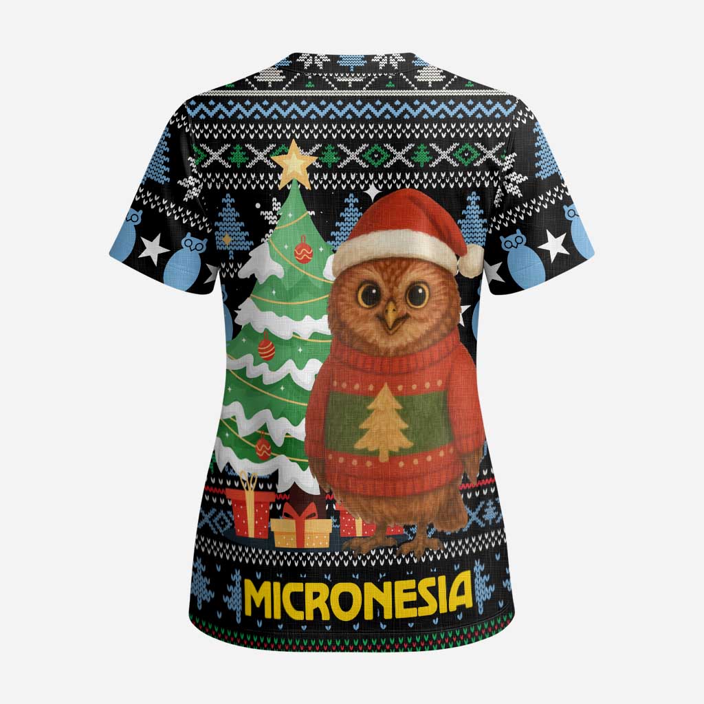 Micronesia Christmas Scrub Top with Santa Owl Christmas Tree Gifts and Snowflake - Wonder Print Shop