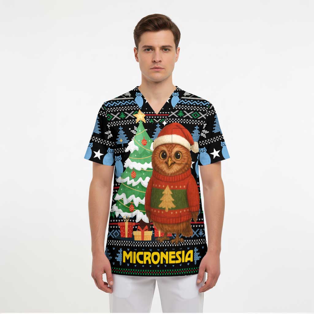 Micronesia Christmas Scrub Top with Santa Owl Christmas Tree Gifts and Snowflake - Wonder Print Shop