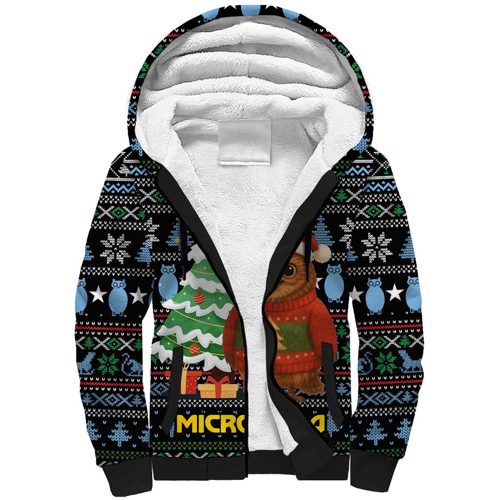 Micronesia Christmas Sherpa Hoodie with Santa Owl Christmas Tree Gifts and Snowflake - Wonder Print Shop