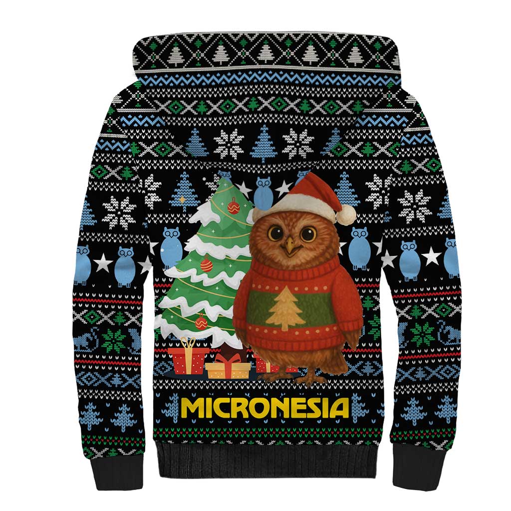 Micronesia Christmas Sherpa Hoodie with Santa Owl Christmas Tree Gifts and Snowflake - Wonder Print Shop