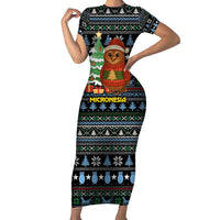 Micronesia Christmas Short Sleeve Bodycon Dress with Santa Owl Christmas Tree Gifts and Snowflake - Wonder Print Shop