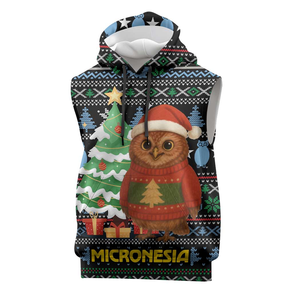 Micronesia Christmas Sleeveless Hoodie with Santa Owl Christmas Tree Gifts and Snowflake - Wonder Print Shop