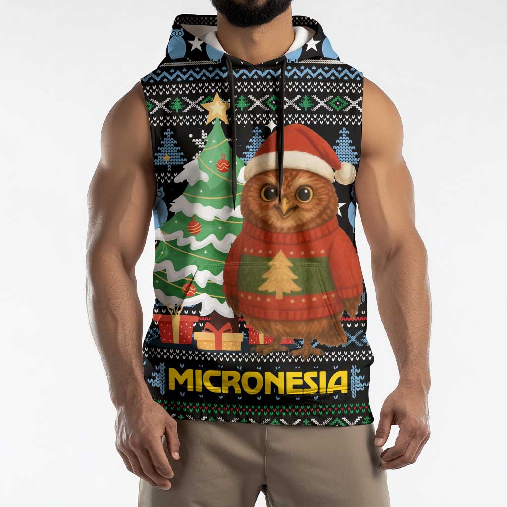 Micronesia Christmas Sleeveless Hoodie with Santa Owl Christmas Tree Gifts and Snowflake - Wonder Print Shop