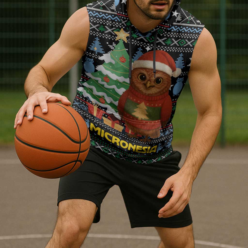 Micronesia Christmas Sleeveless Hoodie with Santa Owl Christmas Tree Gifts and Snowflake - Wonder Print Shop