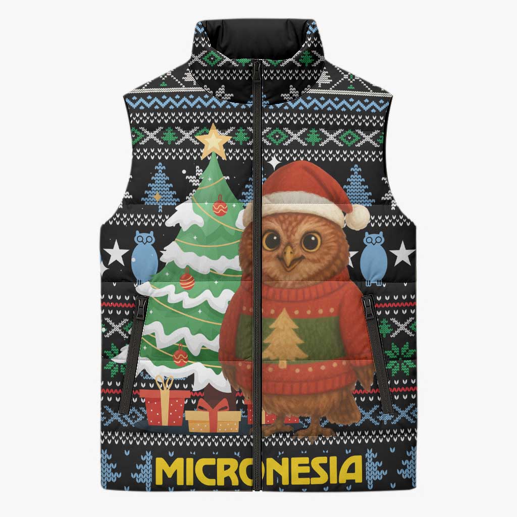 Micronesia Christmas Sleeveless Puffer Jacket with Santa Owl Christmas Tree Gifts and Snowflake - Wonder Print Shop