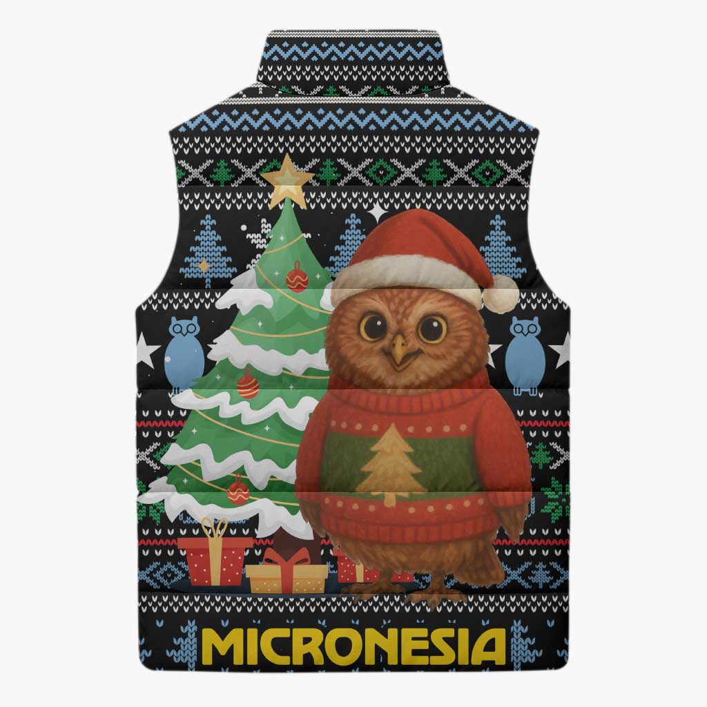 Micronesia Christmas Sleeveless Puffer Jacket with Santa Owl Christmas Tree Gifts and Snowflake - Wonder Print Shop