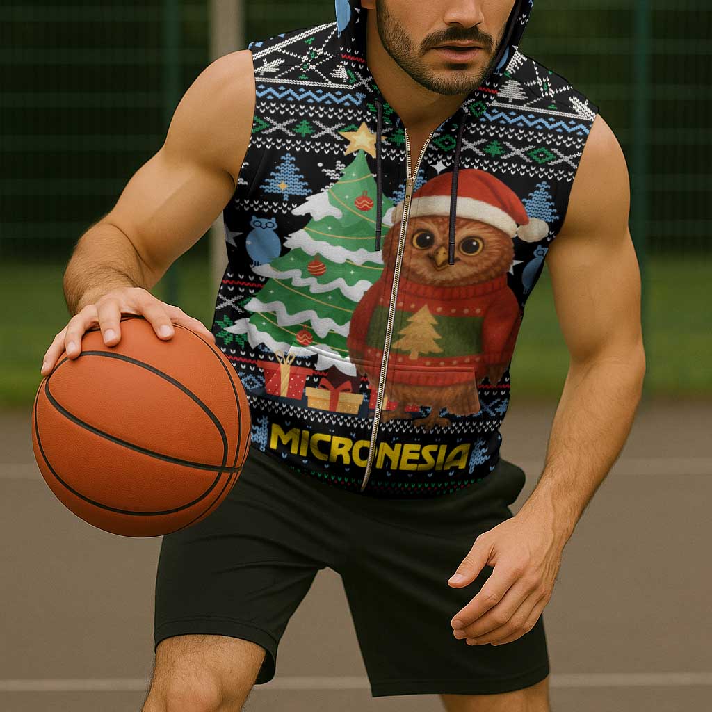 Micronesia Christmas Sleeveless Zip Hoodie with Santa Owl Christmas Tree Gifts and Snowflake - Wonder Print Shop