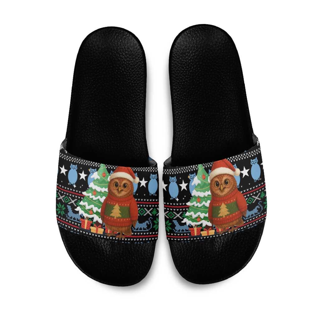 Micronesia Christmas Slide Sandals with Santa Owl Christmas Tree Gifts and Snowflake - Wonder Print Shop