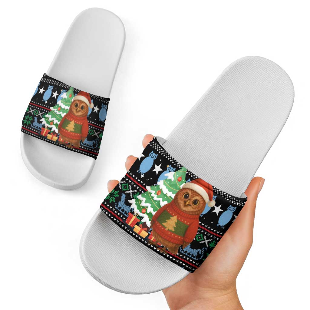 Micronesia Christmas Slide Sandals with Santa Owl Christmas Tree Gifts and Snowflake - Wonder Print Shop