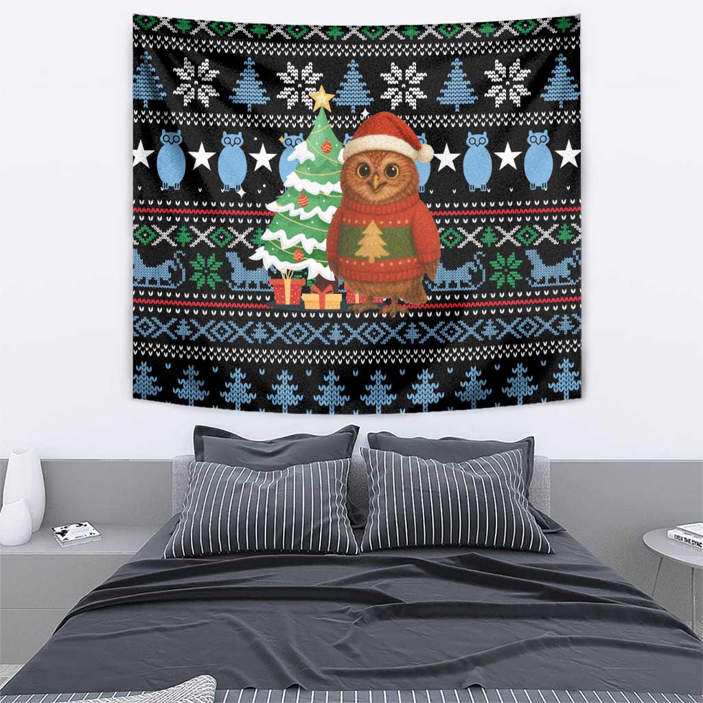 Micronesia Christmas Tapestry with Santa Owl Christmas Tree Gifts and Snowflake - Wonder Print Shop
