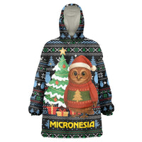 Micronesia Christmas Wearable Blanket Hoodie with Santa Owl Christmas Tree Gifts and Snowflake - Wonder Print Shop