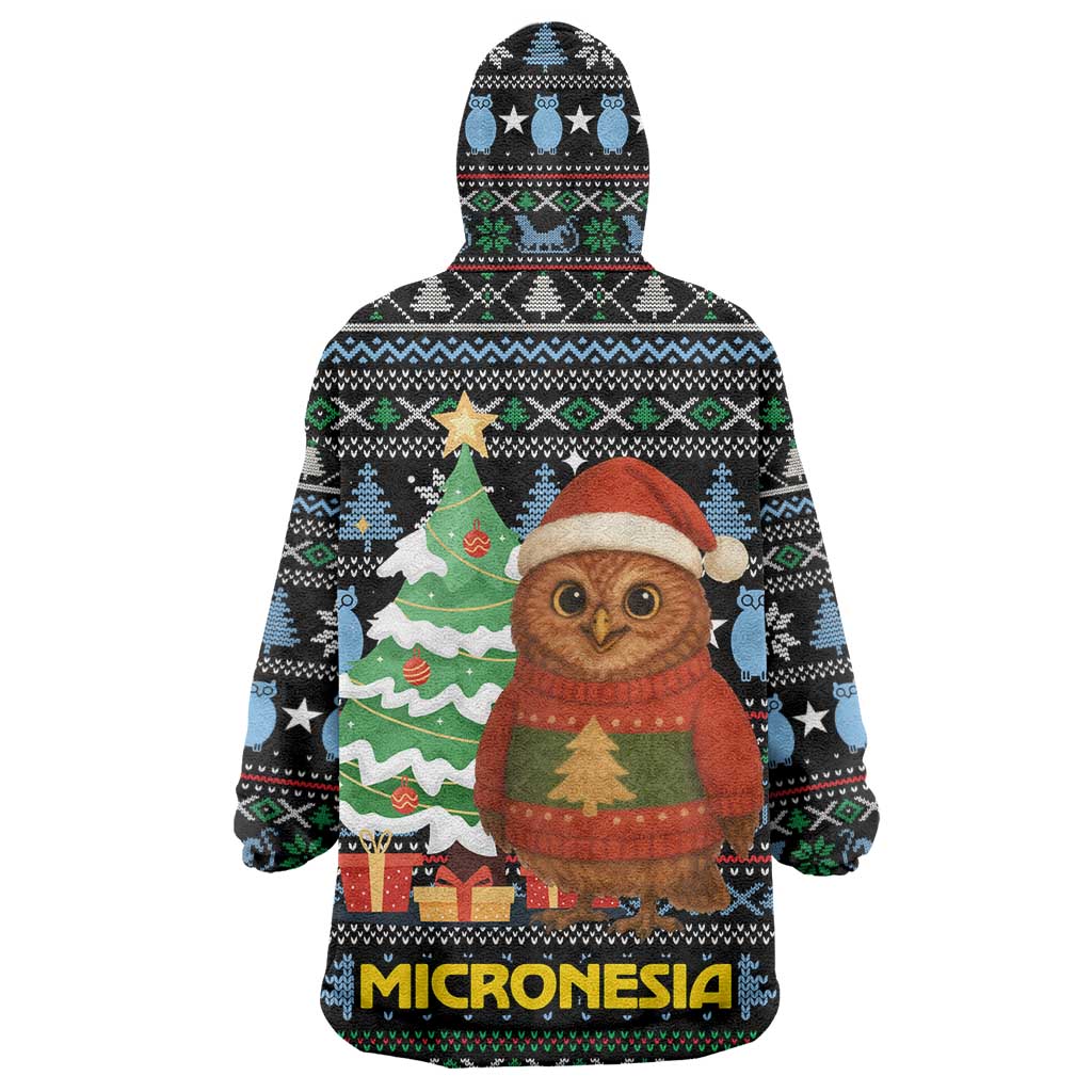 Micronesia Christmas Wearable Blanket Hoodie with Santa Owl Christmas Tree Gifts and Snowflake - Wonder Print Shop