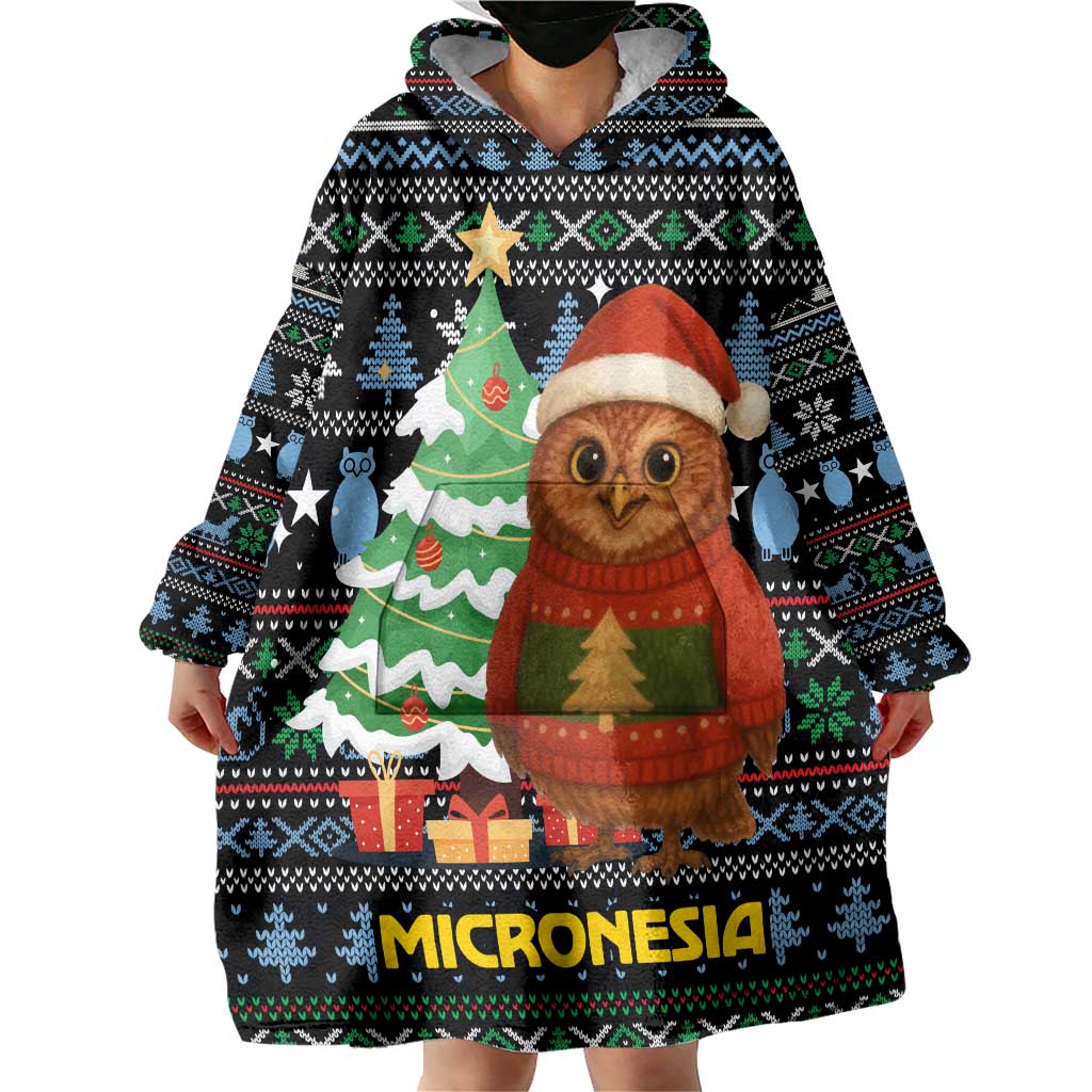 Micronesia Christmas Wearable Blanket Hoodie with Santa Owl Christmas Tree Gifts and Snowflake - Wonder Print Shop