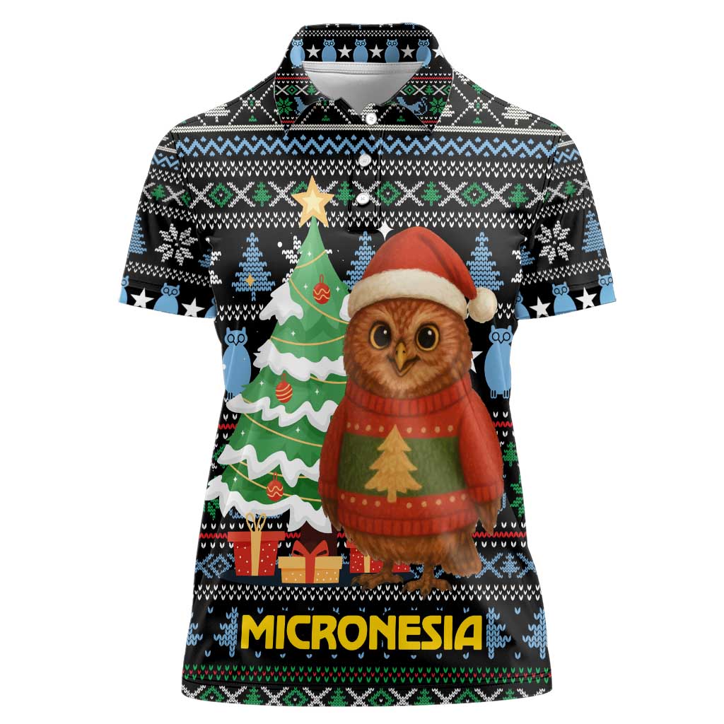 Micronesia Christmas Women Polo Shirt with Santa Owl Christmas Tree Gifts and Snowflake - Wonder Print Shop