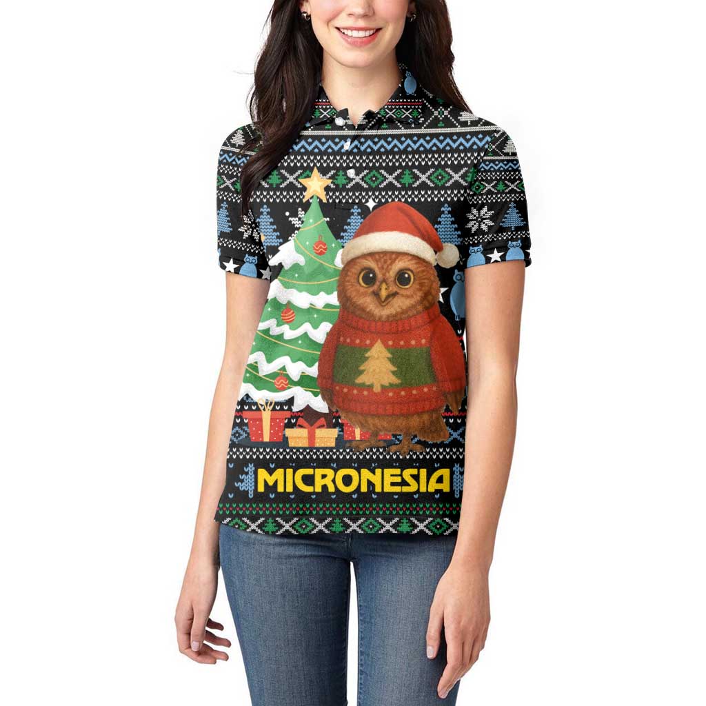 Micronesia Christmas Women Polo Shirt with Santa Owl Christmas Tree Gifts and Snowflake - Wonder Print Shop